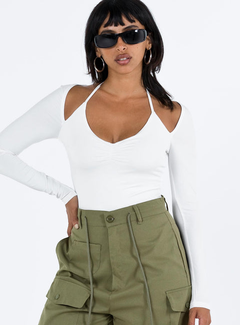 front view of model wearing Princess Polly Shari Bolero Bodysuit White Full Sleeves Plunger 