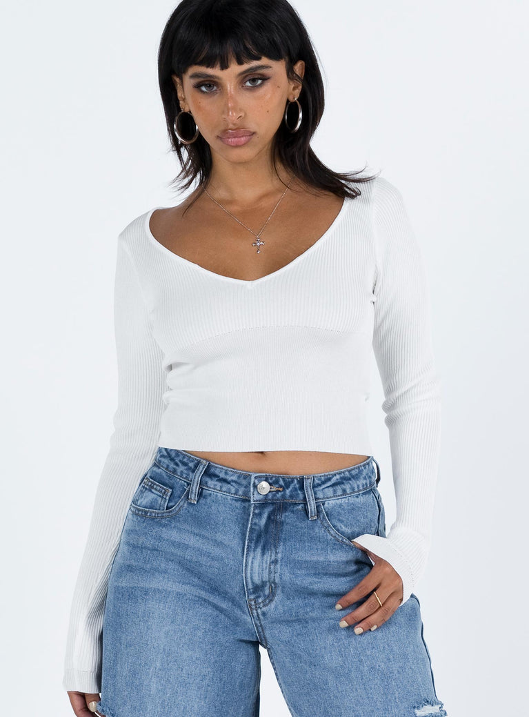 front view of model wearing Princess Polly Shermont Long Sleeve Top Ivory Full Sleeves V-Neck 