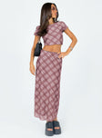 Front view of model wearing  front Motel Lassie Midi Skirt Pink Blurred Check Princess Polly  Maxi 