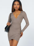 front view of model wearing Princess Polly Adonis Long Sleeve Mini Dress Brown 