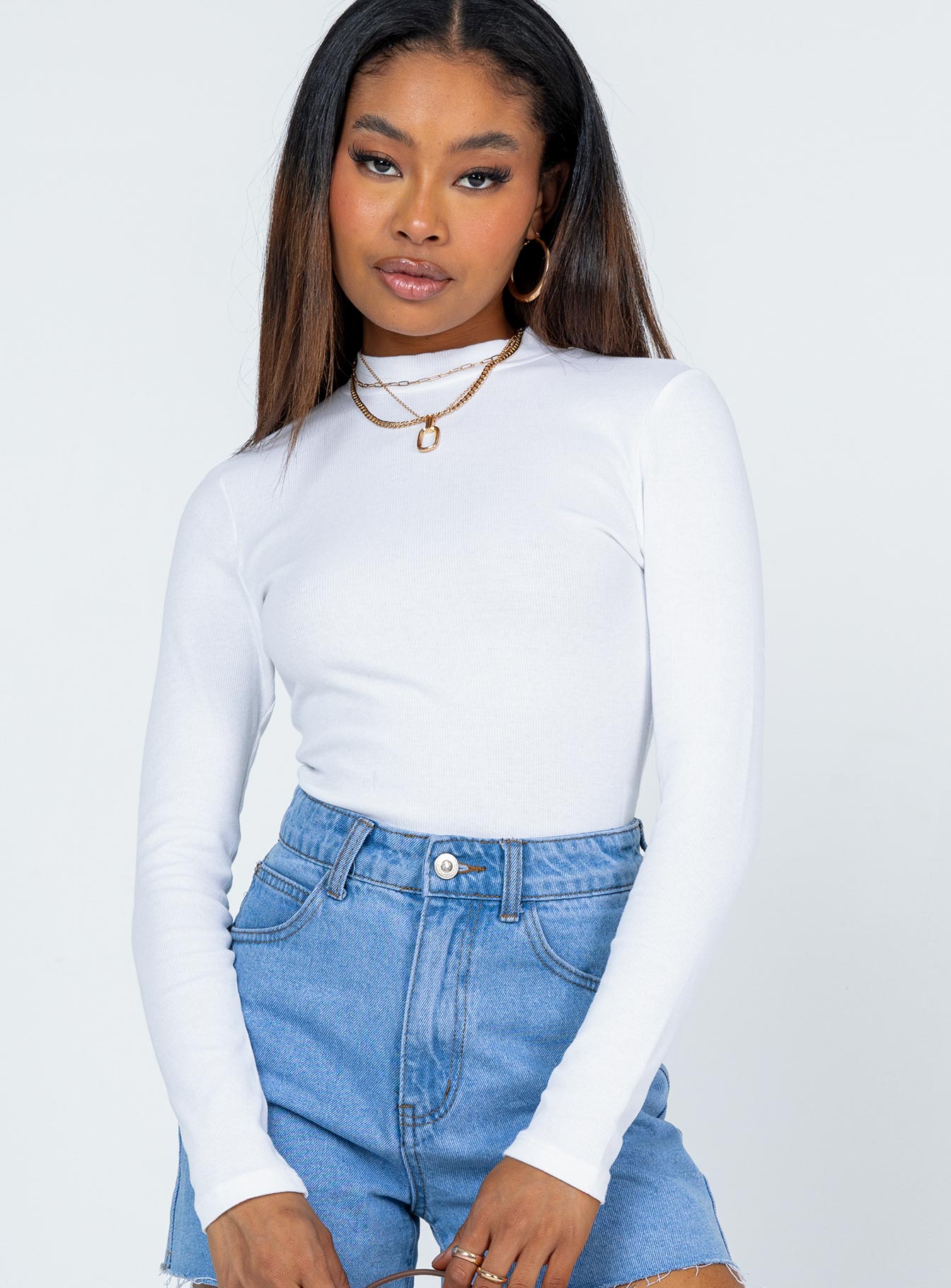 front view of model wearing Princess Polly Maleny Long Sleeve Bodysuit White Full Sleeves High Neck 
