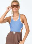 front view of model wearing Princess Polly Berkley Bodysuit Blue Sleeveless Scoop Neck 