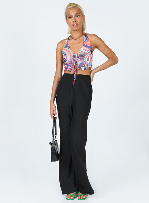 front view of model wearing Princess Polly Jhene Satin Pants Black 