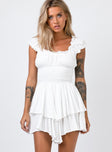 White romper Soft textured material Can be worn on or off the shoulder Shirred waistband Ruffle detailing Elasticated neck and sleeves Good stretch   Fully lined