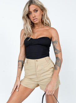 Shorts Zip & button fastening  Belt looped waist  Twin hip pockets  Faux back pockets 