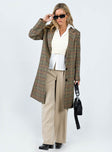 Coat Plaid print Lapel collar Button fastening at front Twin hip pockets Slit at back