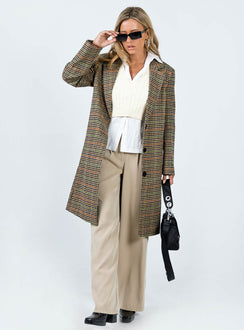 Coat Plaid print Lapel collar Button fastening at front Twin hip pockets Slit at back