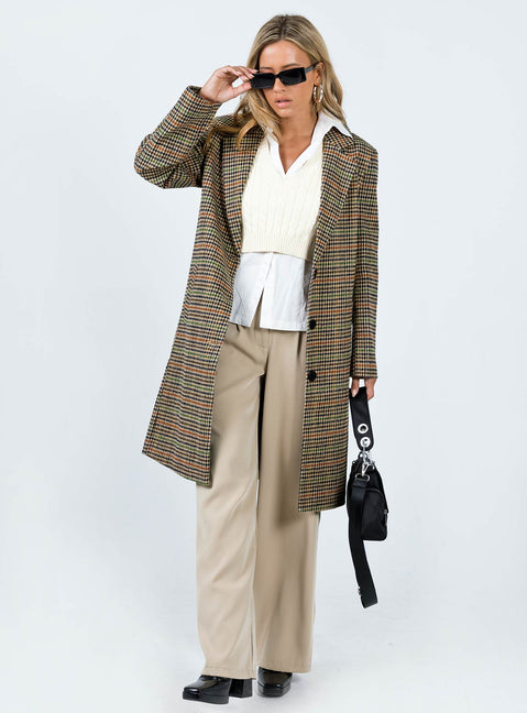 Coat Plaid print Lapel collar Button fastening at front Twin hip pockets Slit at back