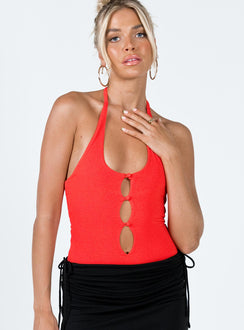 front view of model wearing Princess Polly Kallie Bodysuit Red Sleeveless Scoop Neck 