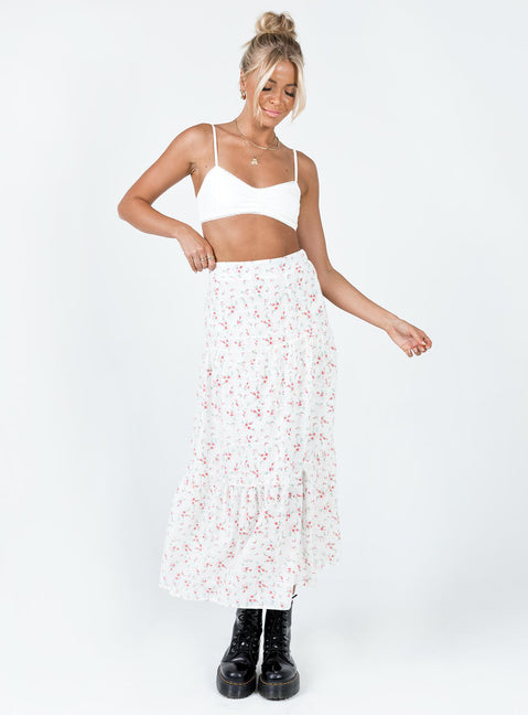   front view of model wearing Princess Polly Athena Maxi Skirt White / Pink Floral Maxi 