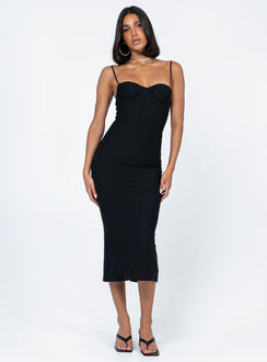 front view of model wearing Princess Polly Fe Midi Dress Black Sweetheart Neckline 