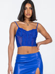 Blue top Sheer mesh & lace material  Adjustable shoulder straps  Wired cups  Good stretch  Unlined 
