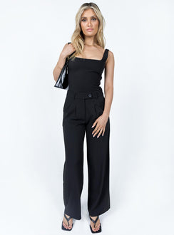 Matching set Longline top  Square neckline  High waisted pants  Zip & button fastening  Belt looped waist  Pleats at waist Twin hip pockets  Wide leg 