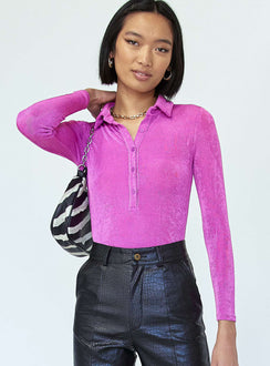 front view of model wearing Princess Polly Elody Long Sleeve Bodysuit Purple Full Sleeves V-Neck 