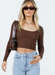 Front view of model wearing  front Princess Polly Full Sleeves Square Neck  Havill Long Sleeve Top Brown