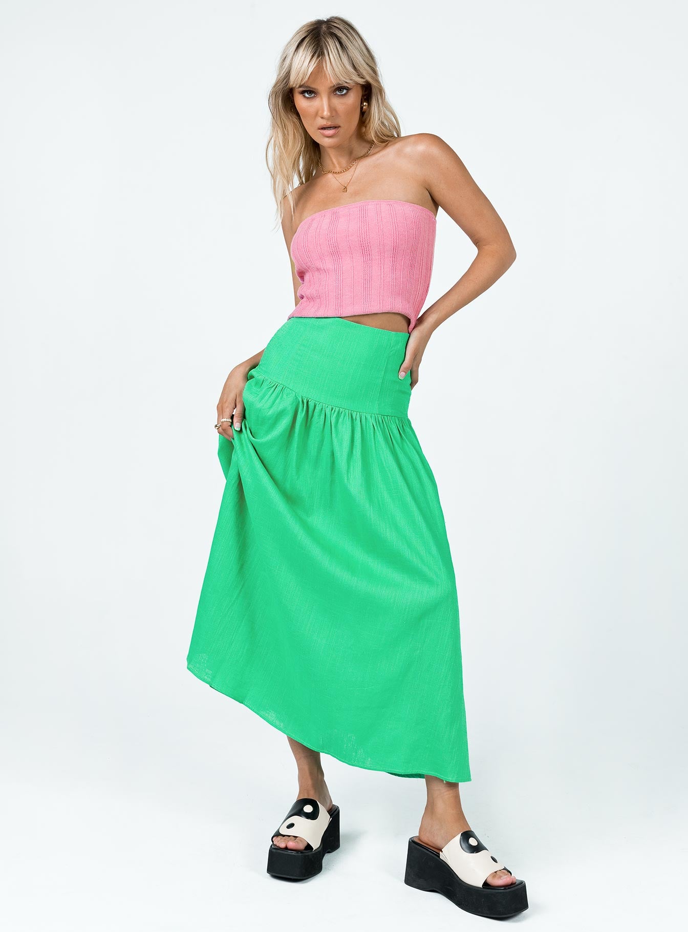   front view of model wearing Princess Polly Carol Maxi Skirt Green 