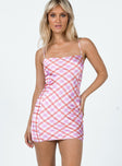 front view of model wearing Princess Polly Parka Mini Dress Pink Check 