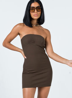 front view of model wearing Princess Polly Becca Strapless Mini Dress Brown 
