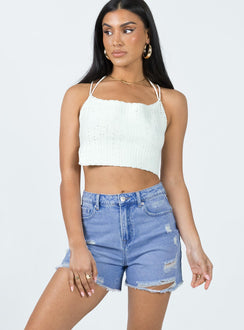 Denim shorts Mid wash denim High waisted design Belt looped waist Zip & button fastening Classic five-pocket design Distressed detail Raw edge hem