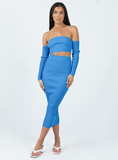Matching set Ribbed material Long sleeve crop top Off the shoulder design Fixed sleeves at side Midi skirt Elasticated waistband