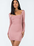 Front view of model wearing  front Princess Polly Boat Neck  Maroy Long Sleeve Mini Dress Mauve