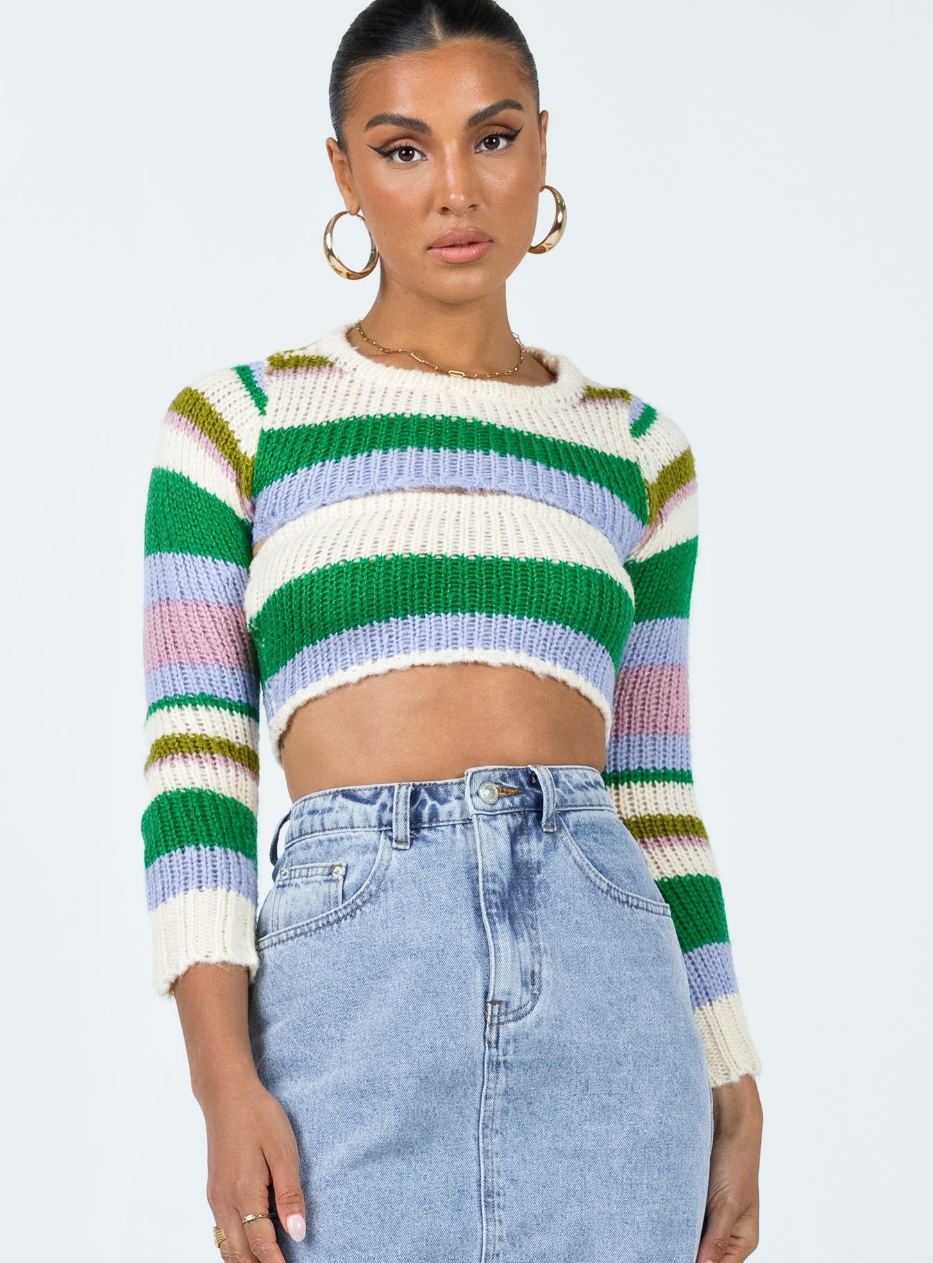 Front view of model wearing  front Princess Polly Three Fourth Sleeves Square Neck  Ragetti Stripe Bolero Multi