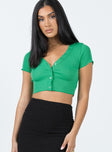 Crop top Ribbed material V-neckline Button fastening at front Lettuce edge hem