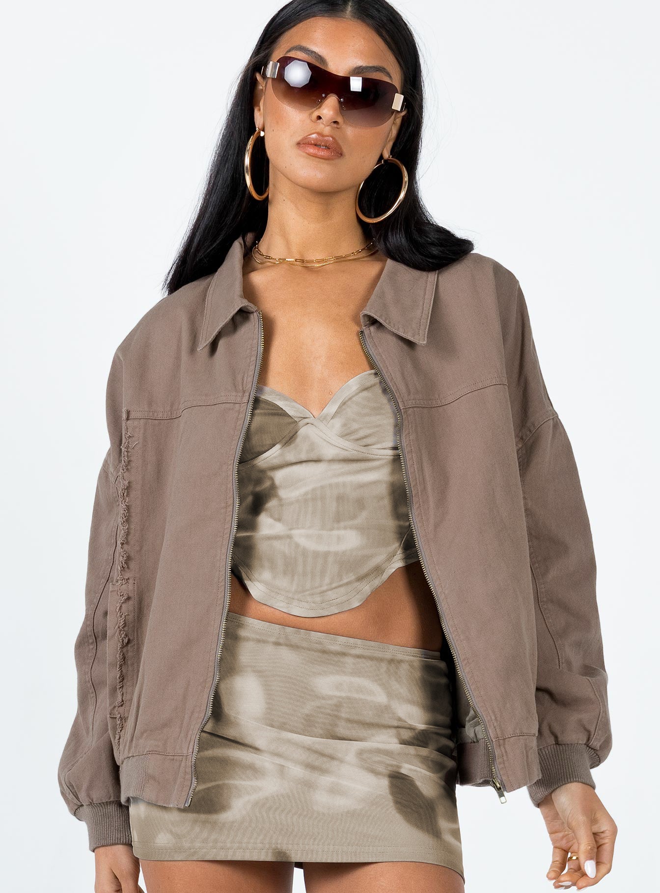 Bomber jacket Denim look material  Graphic print on back  Frayed detail  Classic collar  Zip front fastening  Drop shoulder 