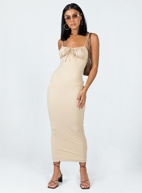 front view of model wearing Princess Polly Slow Dancing Maxi Dress Beige 