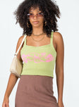 front view of model wearing Princess Polly Aloha Top Green / Pink Sleeveless Square Neck 