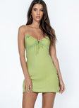 Front view of model wearing  front Princess Polly Asymmetric Neckline  Emilee Mini Dress Green