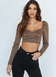 front view of model wearing Princess Polly Alina Long Sleeve Top Brown 