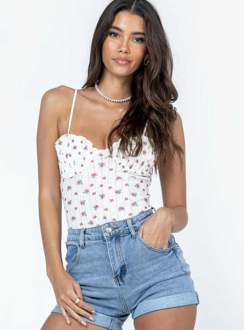 front view of model wearing Princess Polly Florel Pointelle Bodysuit White Sleeveless Sweetheart 