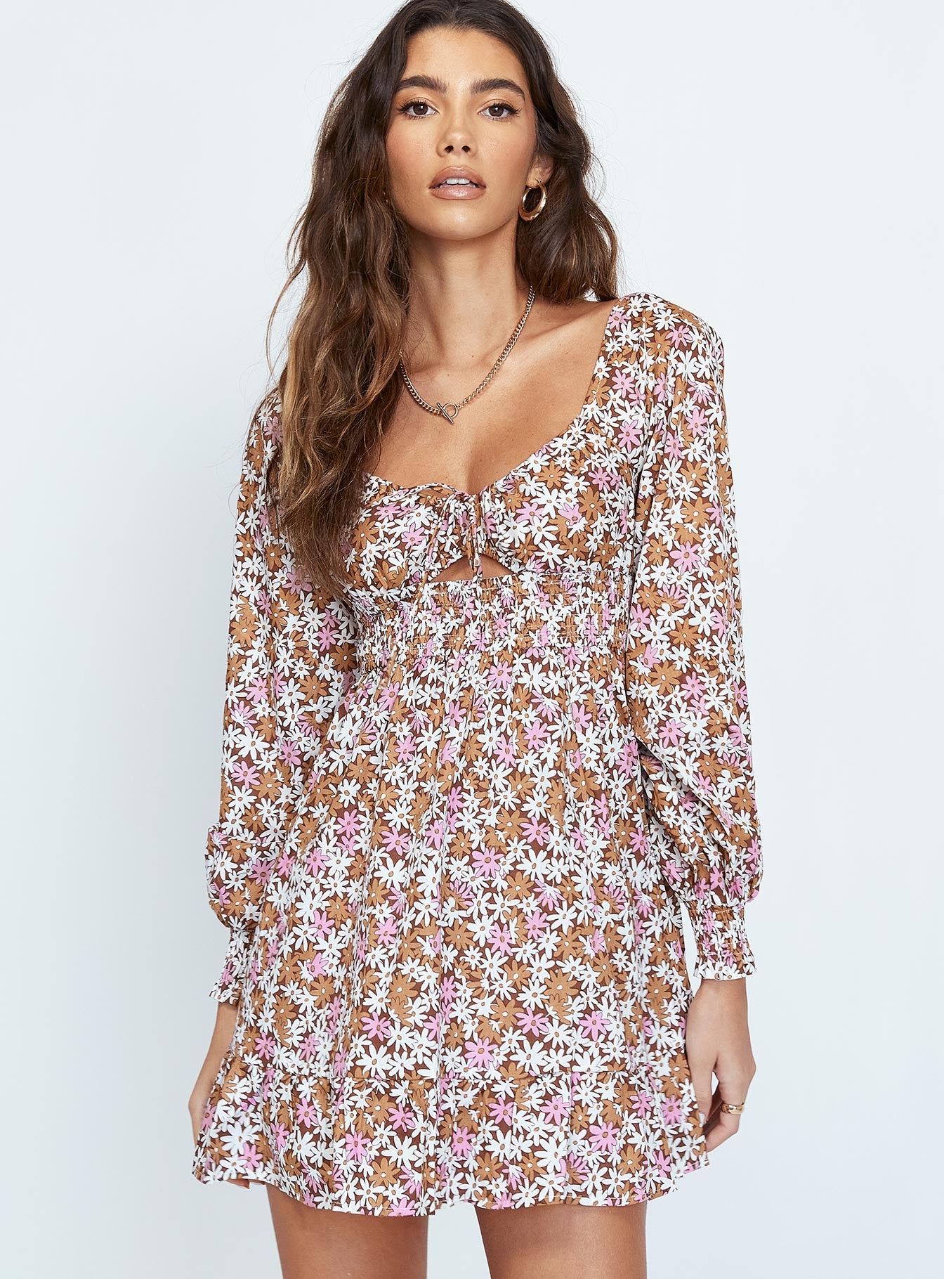 front view of model wearing Princess Polly Banson Mini Dress Brown 