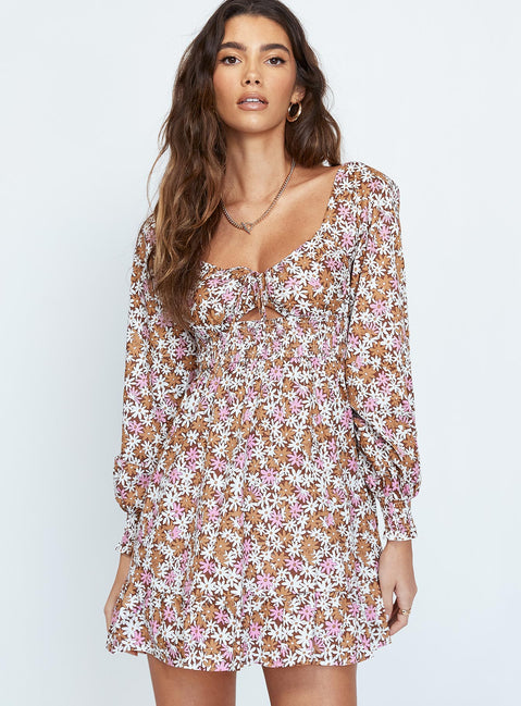 front view of model wearing Princess Polly Banson Mini Dress Brown 