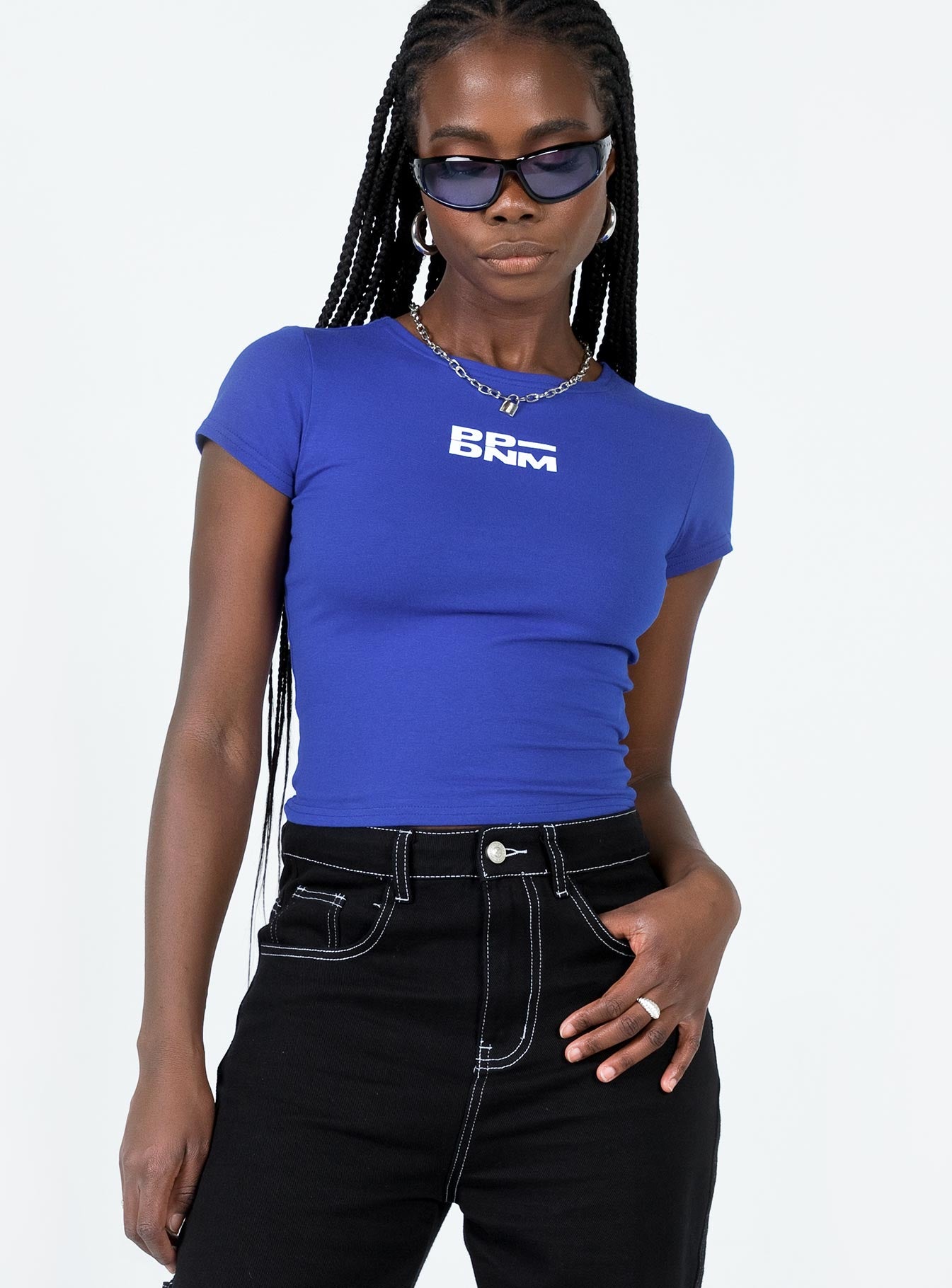 Front view of model wearing  front Princess Polly Short Sleeves Square Neck  Polly Denim Club Tee Blue