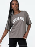 Front view of model wearing  front Princess Polly Half Sleeves Crew Neck  Colorado Graphic Tee Grey