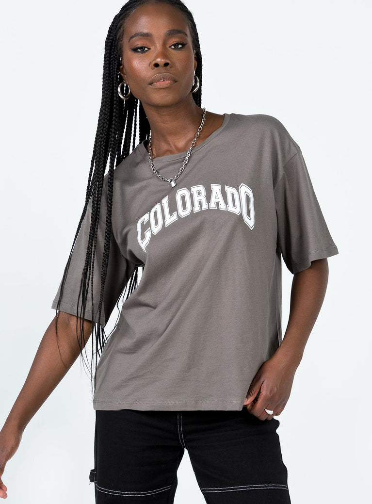 Front view of model wearing  front Princess Polly Half Sleeves Crew Neck  Colorado Graphic Tee Grey