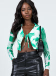 front view of model wearing Princess Polly Clyde Long Sleeve Top Green 