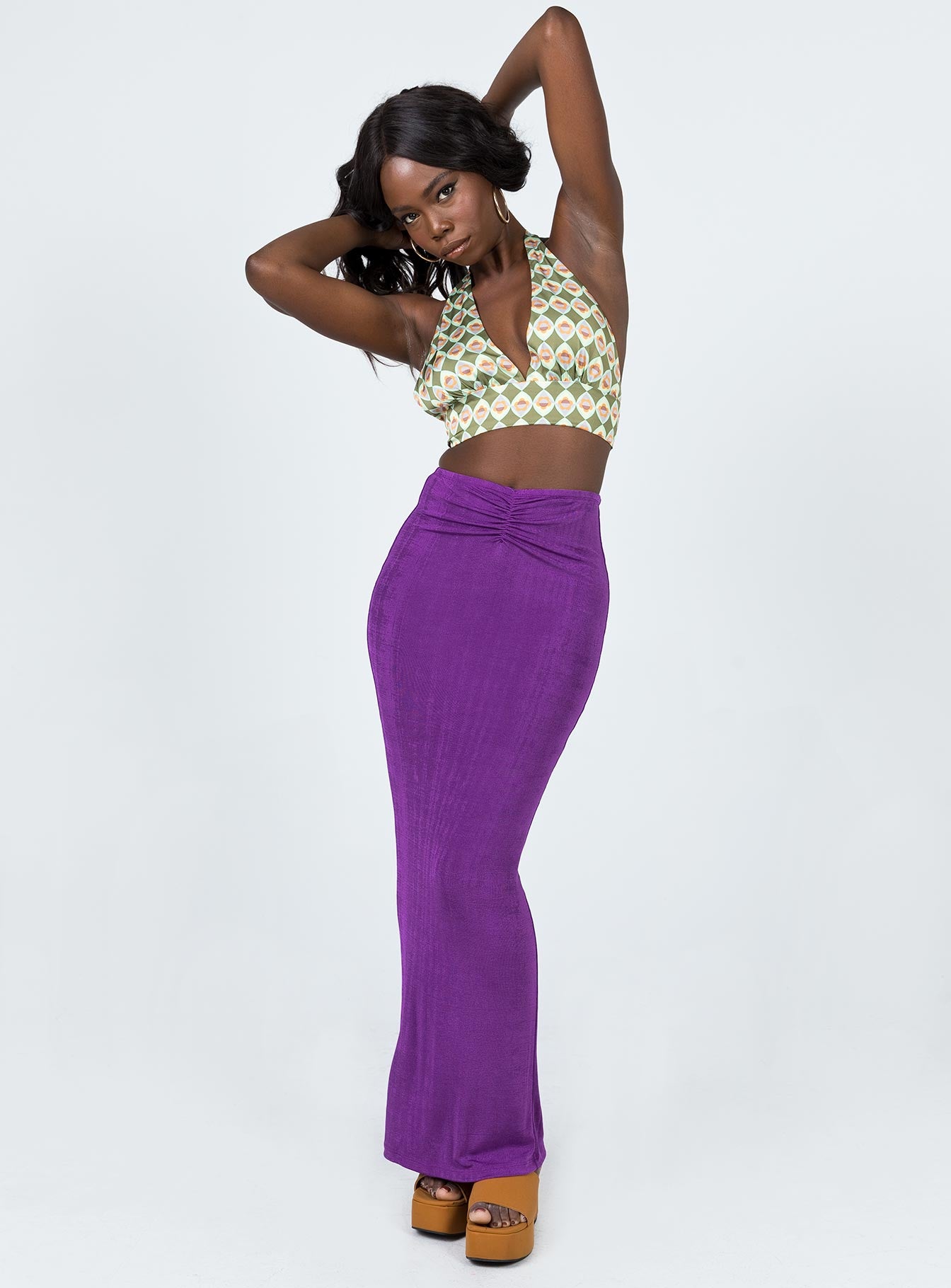   front view of model wearing Princess Polly Danna Maxi Skirt Purple 