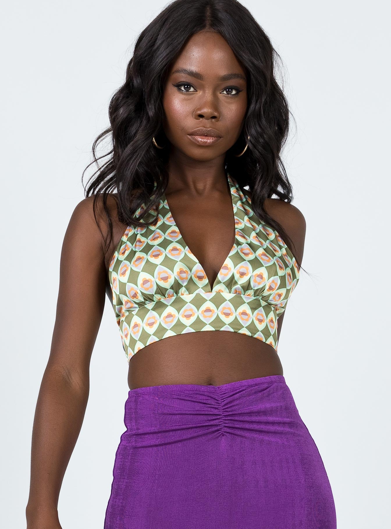 front view of model wearing Princess Polly Savvas Top Green Multi 
