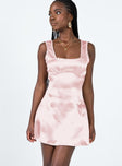 side view of model wearing Princess Polly Berlin Satin Mini Dress Pink Square Neck 