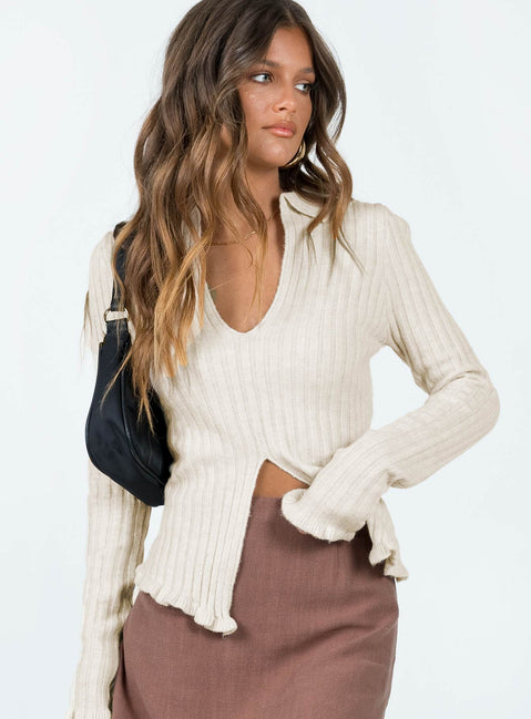 Front view of model wearing  front Princess Polly Full Sleeves Scoop Neck  Lahey Long Sleeve Polo Knit Top Cream