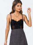 front view of model wearing Princess Polly Brentwood Bodysuit Black Sleeveless Sweetheart 