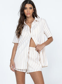 Matching set Stripe print  Button front fastening Oversized shirt Single-button cuff High waisted shorts  Drawstring waistband