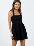 Front view of model wearing  front Princess Polly Square Neck  Rhea Mini Dress Black