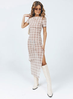 product Princess Polly Crew Neck  Mayfair Midi Dress Beige Plaid