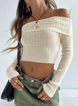 Off the shoulder top Soft knit material Folded neckline Good Stretch Unlined
