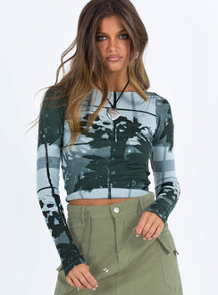 Front view of model wearing  front Princess Polly Full Sleeves Crew Neck  Motel Amabon Top Country Window Green