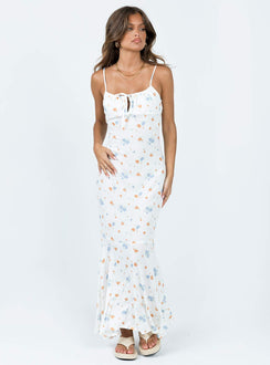 Front view of model wearing  front Princess Polly Crew Neck  Corith Maxi Dress White / Multi